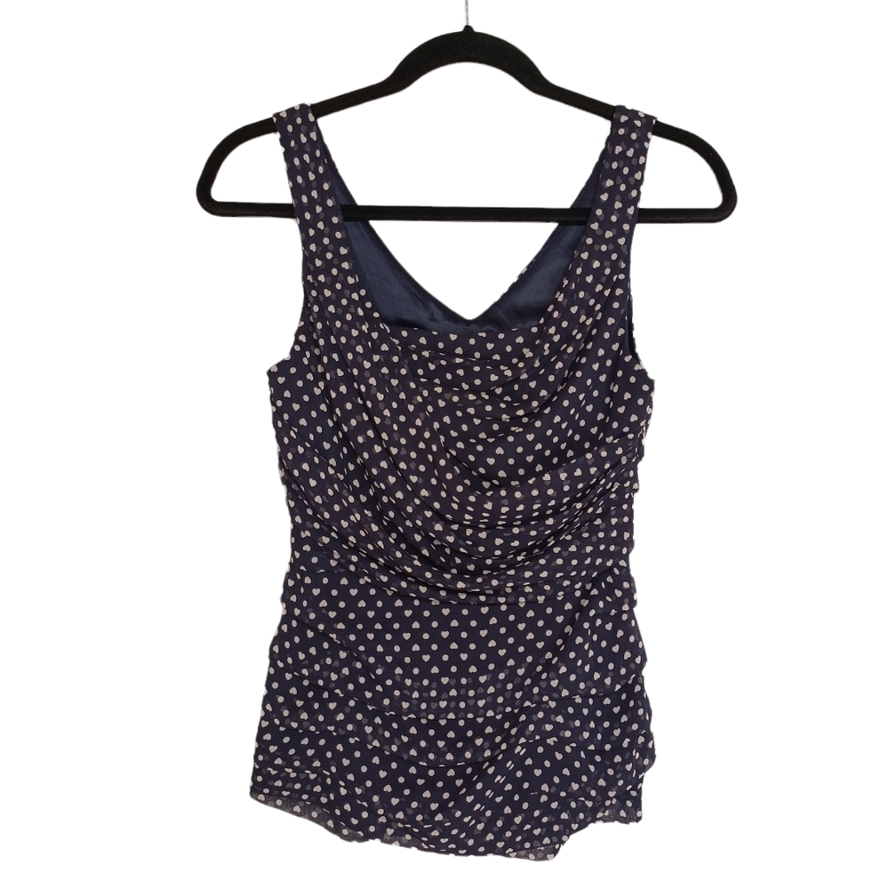 EXPRESS Heart Polka Dot White Print Navy Blue Ruching Sleeveless Top X-Small